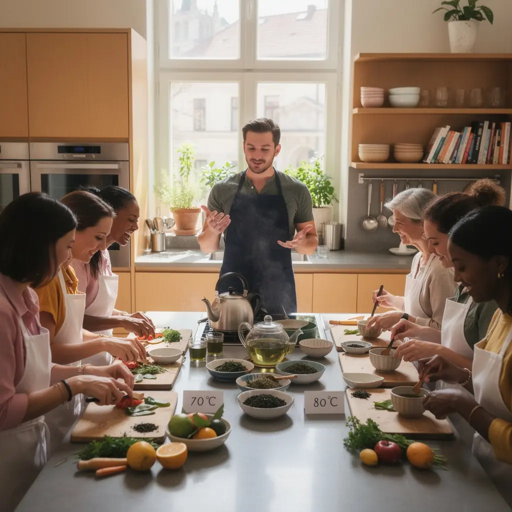 Zöld tea szervírozása egy elegáns asztalon, ízléses csészékben.