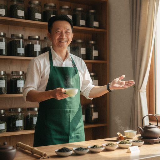 Zöld tea levelek frissítő zöld árnyalatban, háttérben csésze tea.